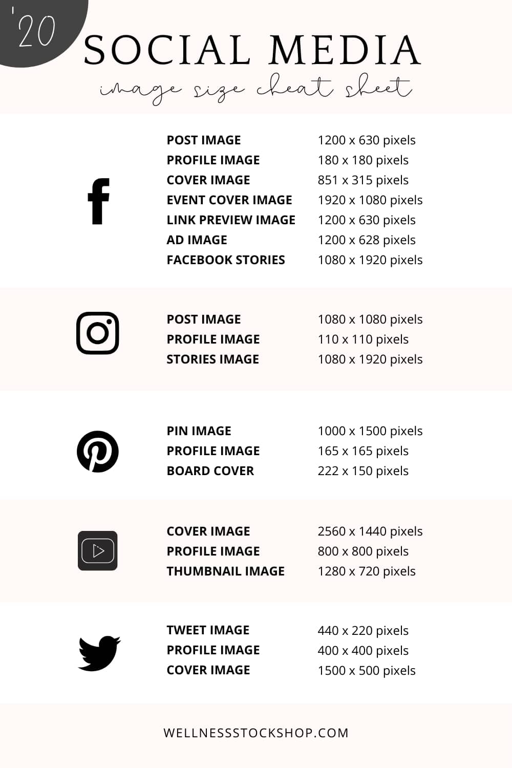 2020 Social Media Image Sizing Cheat Sheet by Wellness Stock Shop